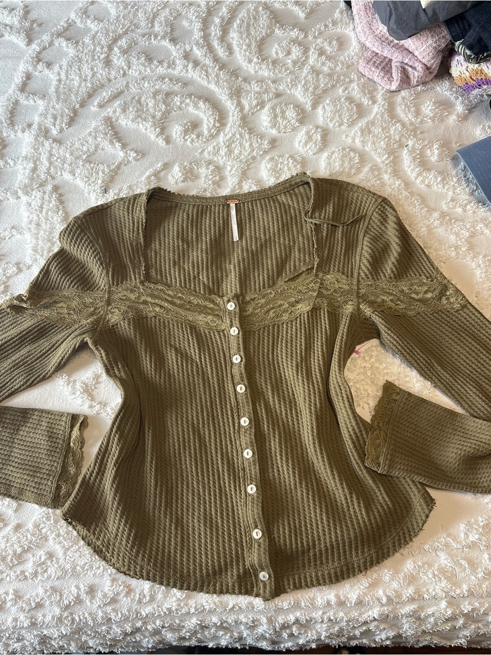 Free people Olive Green Lace-Trim Waffle Knit Button-Front Top